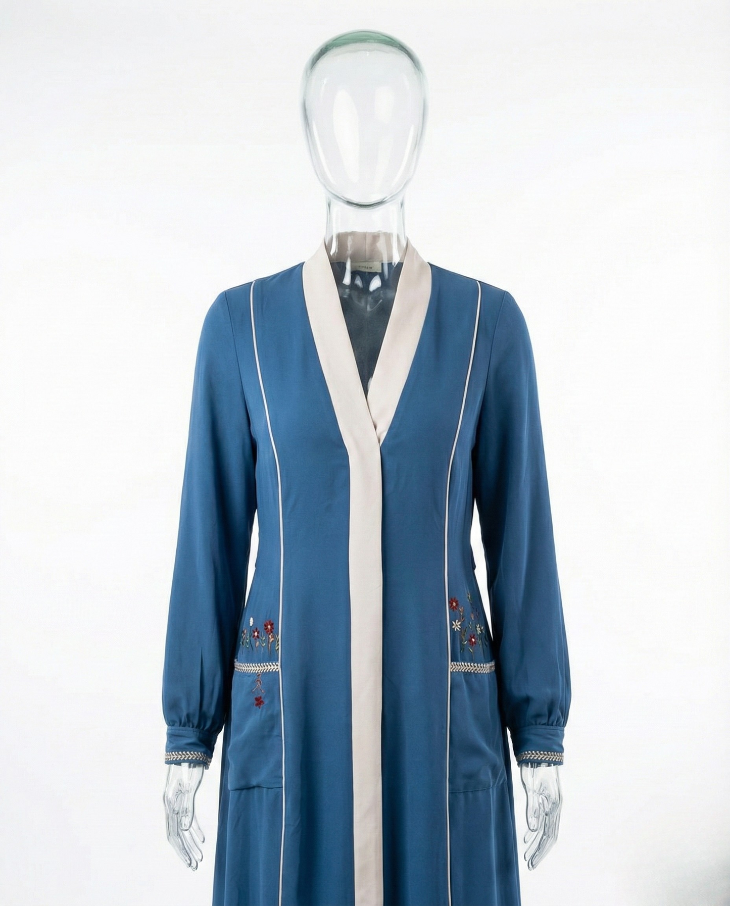 Abaya Brodée – Bleu Pétrole & Ivoire