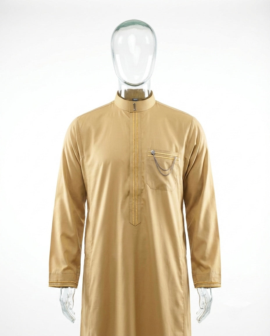 Qamis Prestige Kaki – Détails Dorés & Chaîne