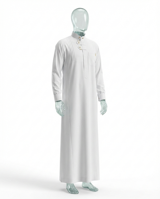 Qamis Prestige Blanc – Fermeture Croisée & Détails Dorés