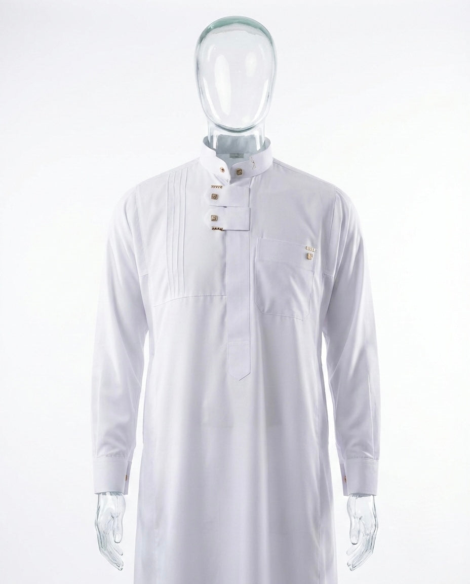 Qamis Prestige Blanc – Fermeture Croisée & Détails Dorés