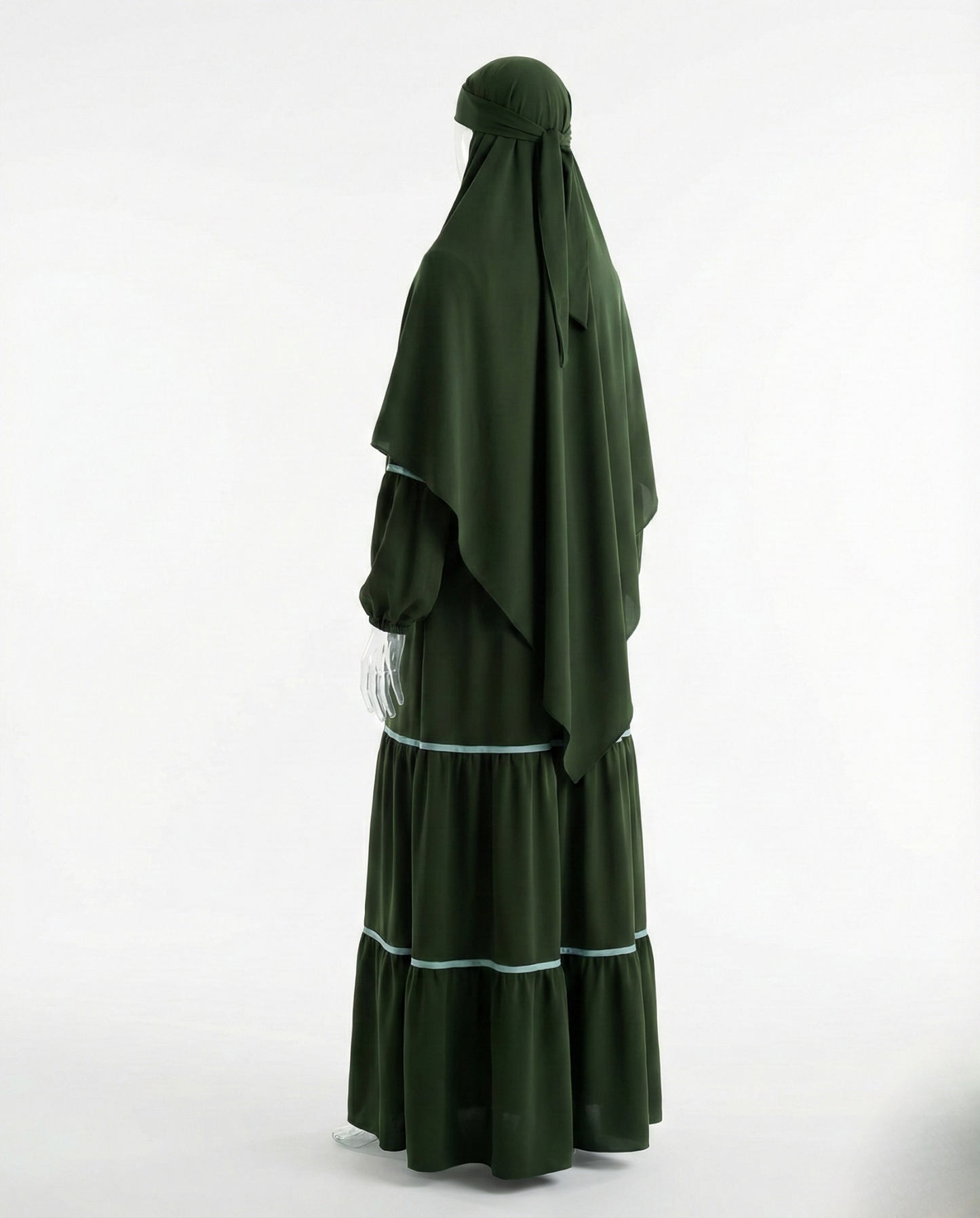 Abaya Premium Liseré Céleste – Vert Olive