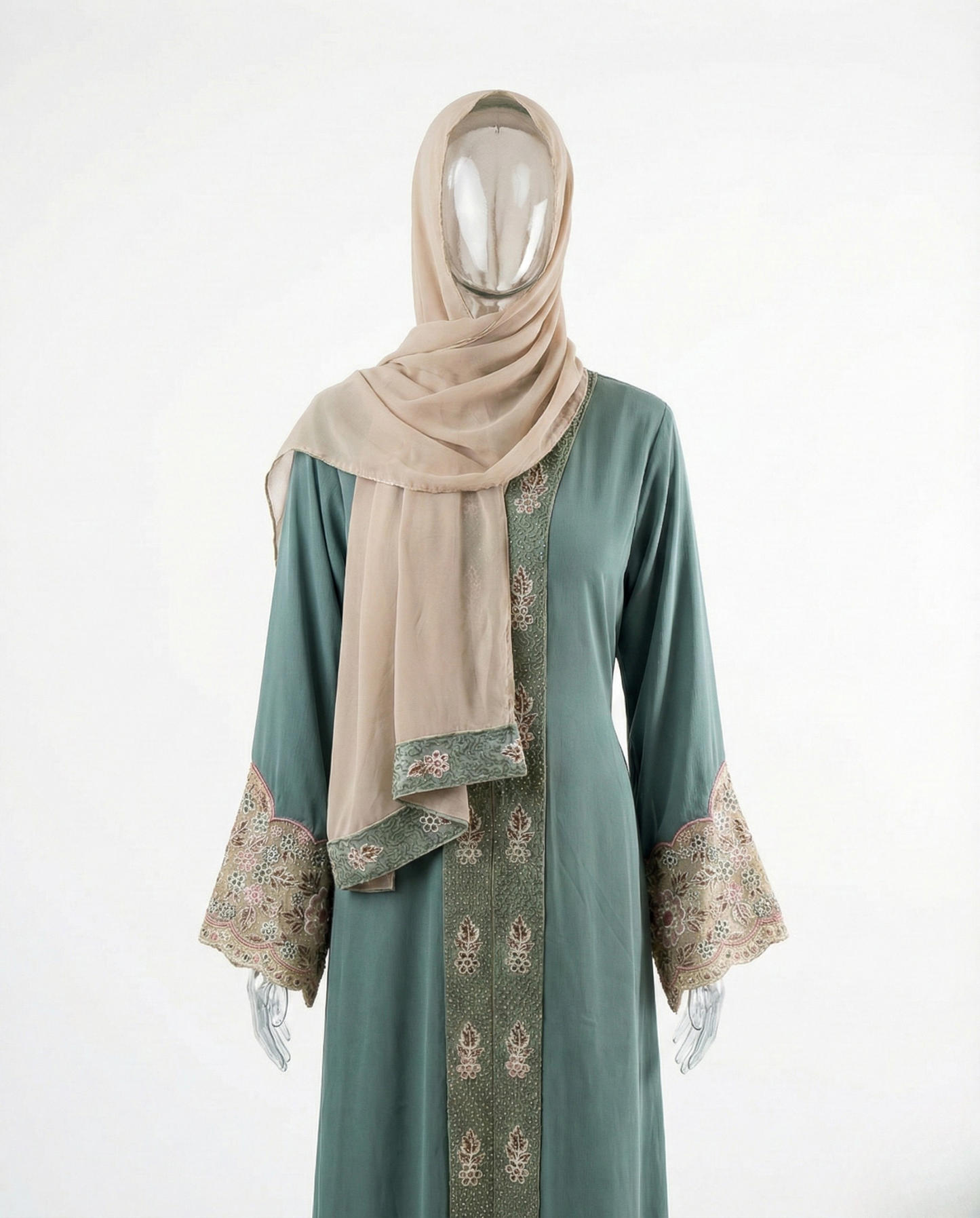Ensemble Abaya Brodée – Vert Sauge & Beige Sable