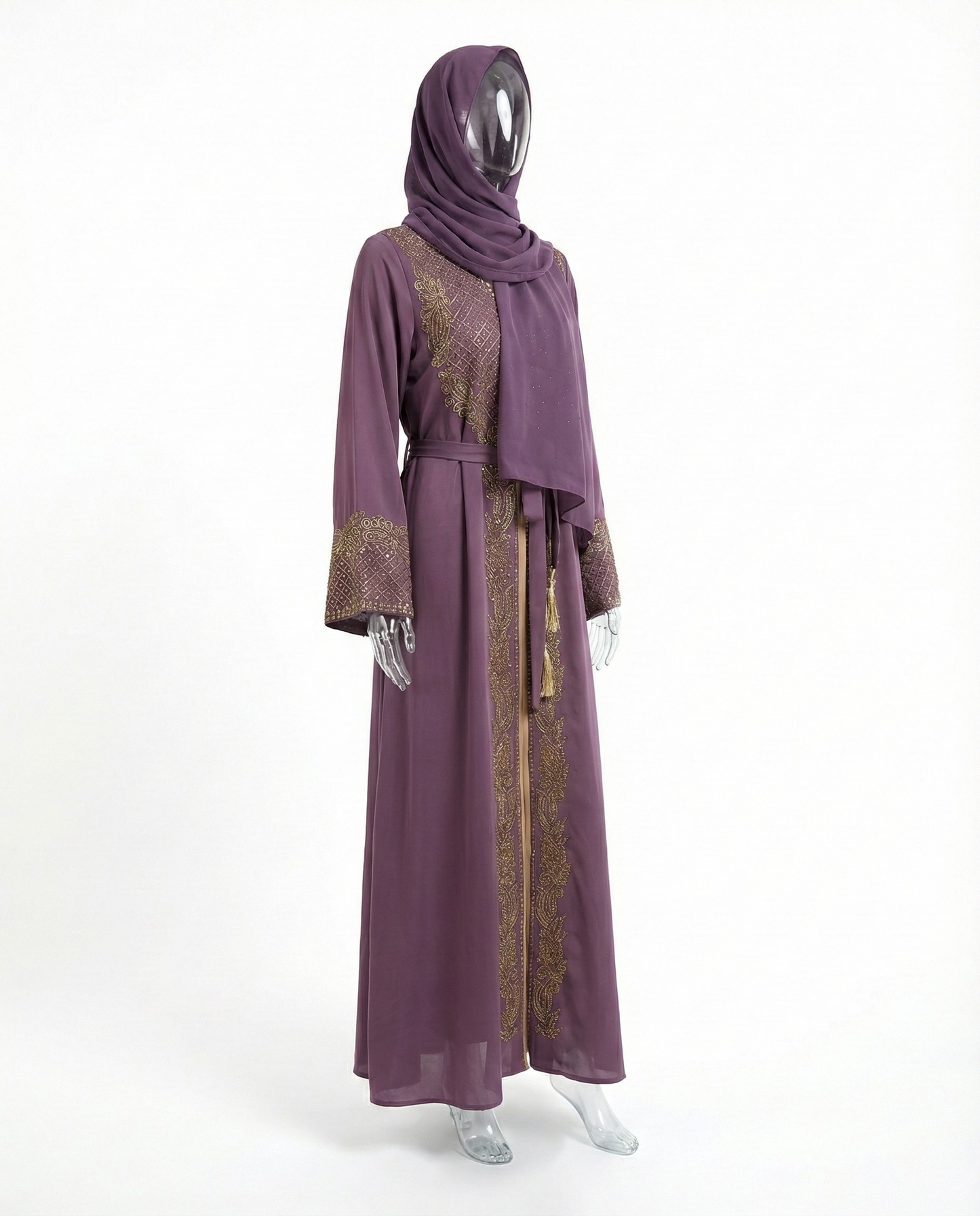 Abaya Brodée Prune Royale – Détails Dorés & Pampilles