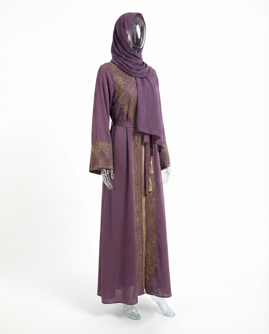 Abaya Brodée Prune Royale – Détails Dorés & Pampilles