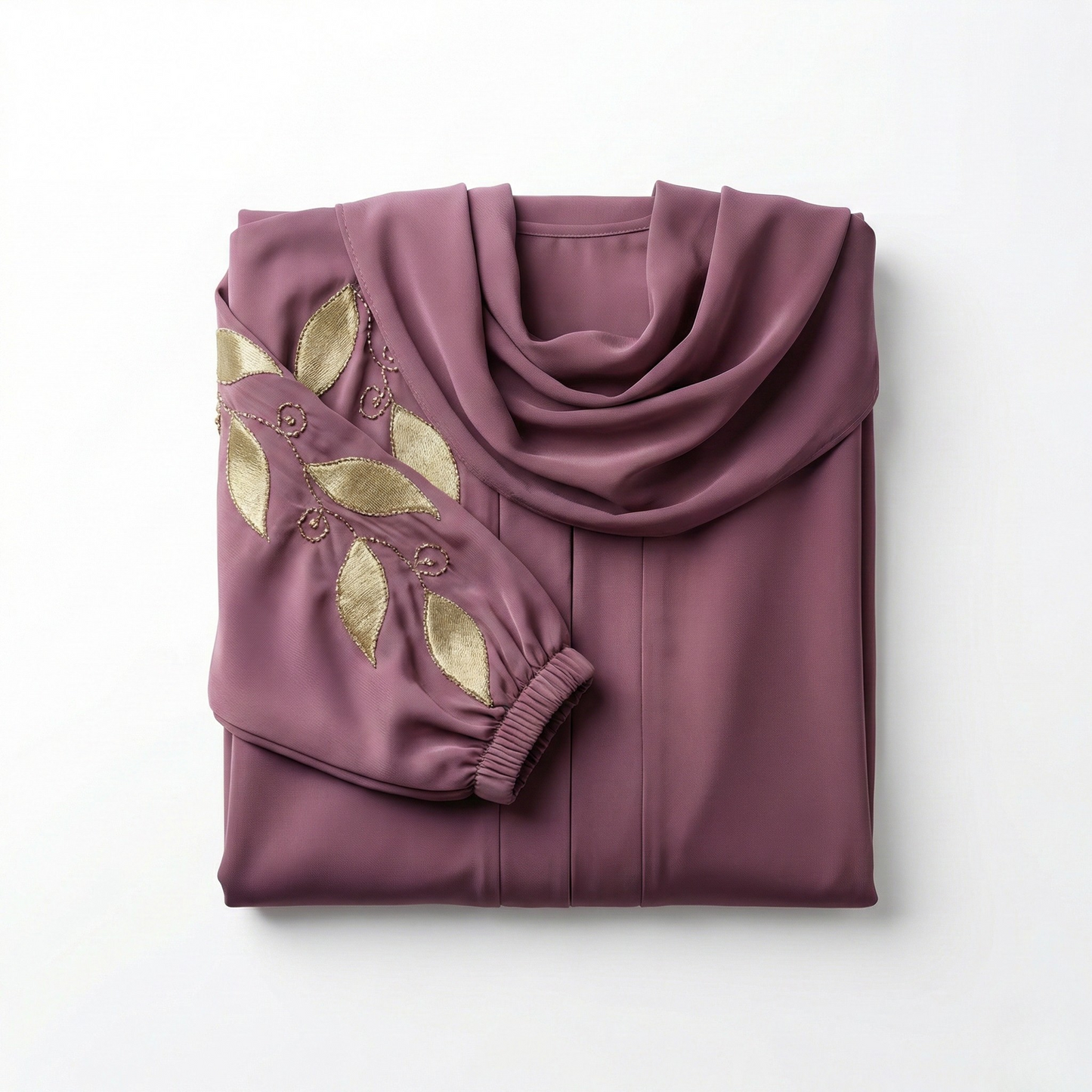 Abaya Broderie Feuilles – Mauve Prune & Doré