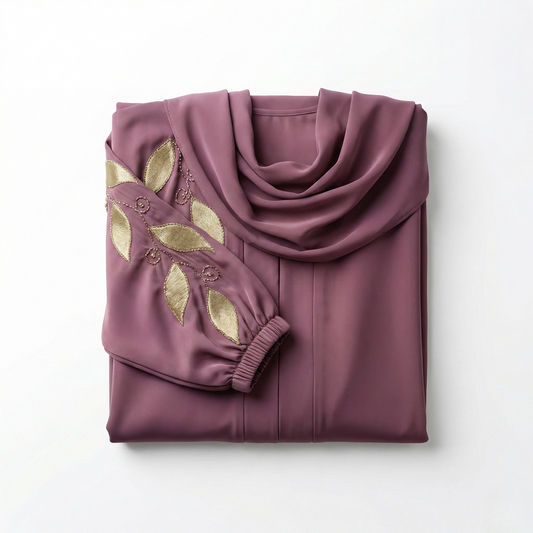 Abaya Broderie Feuilles – Mauve Prune & Doré