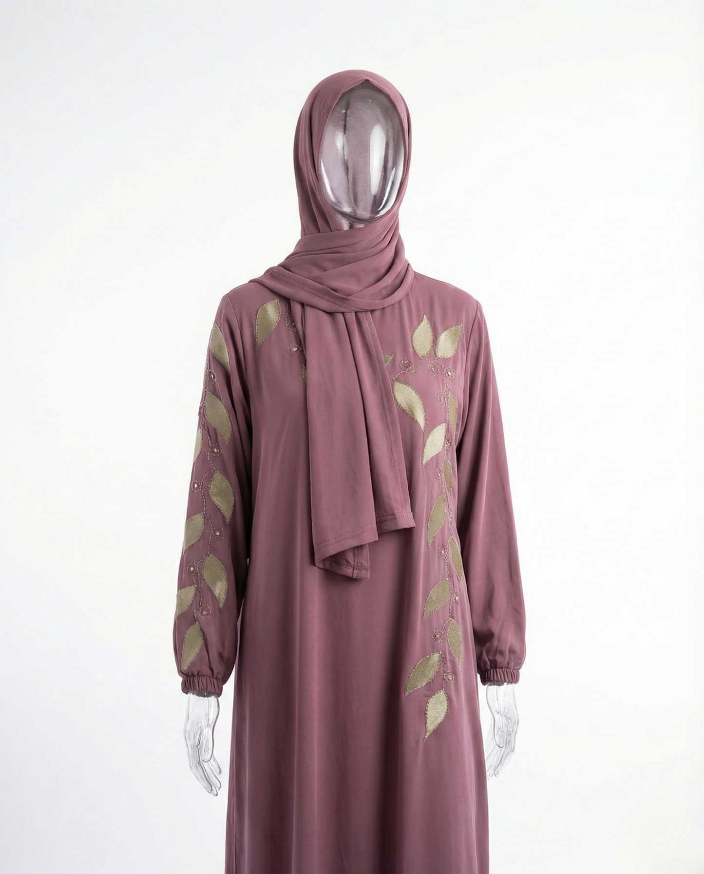 Abaya Broderie Feuilles – Mauve Prune & Doré