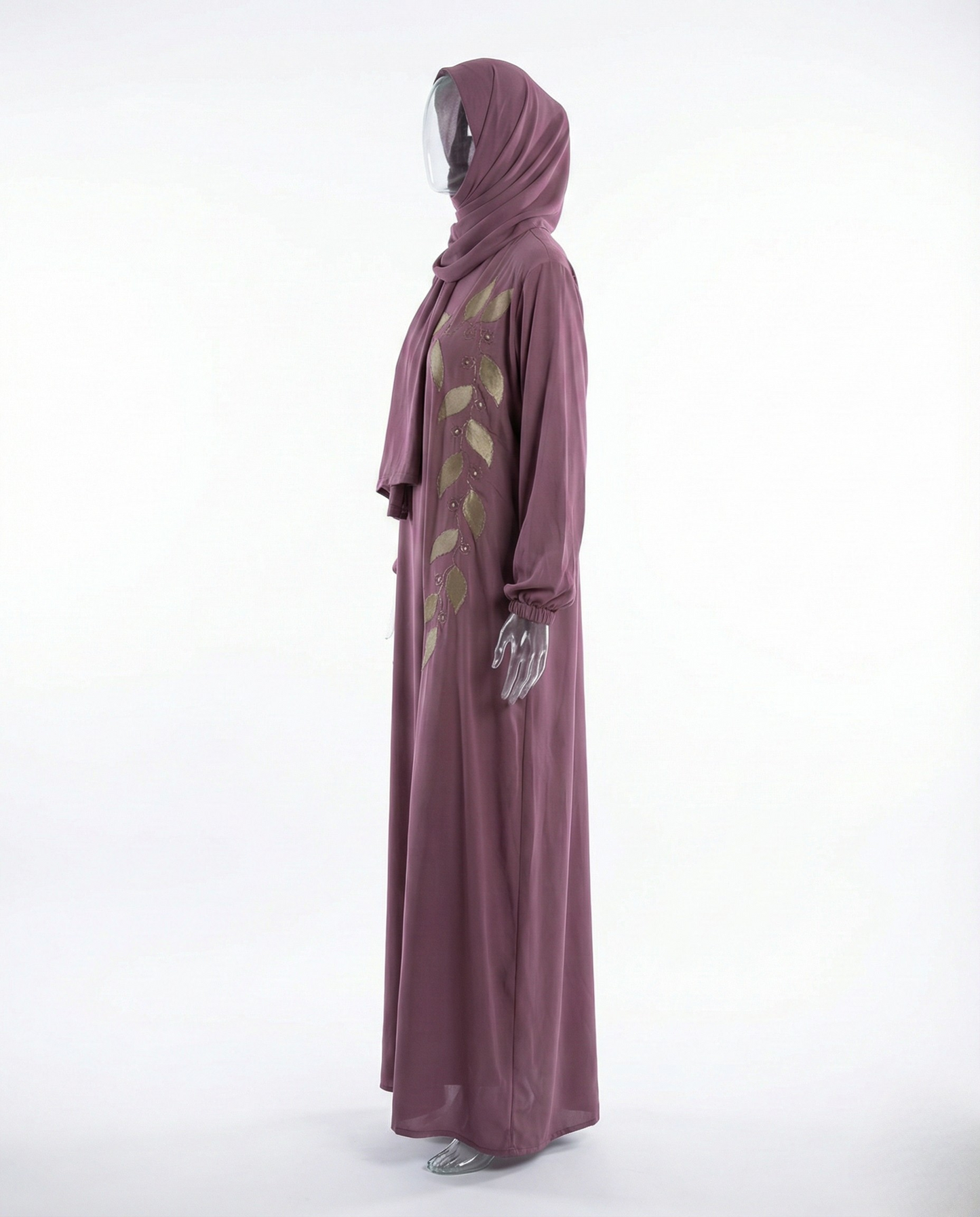Abaya Broderie Feuilles – Mauve Prune & Doré
