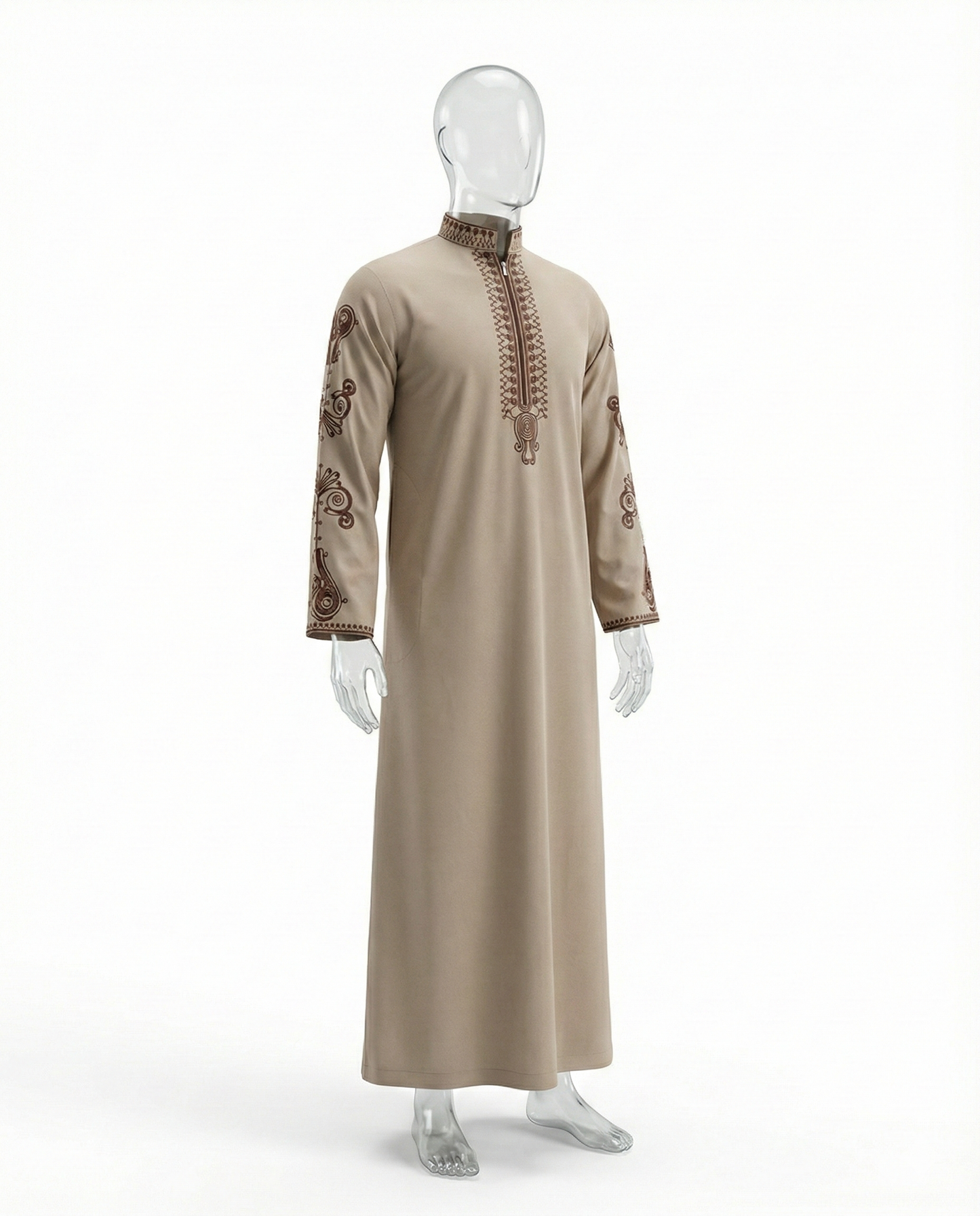 Ensemble Qamis Zippé Brodé – Beige Sable