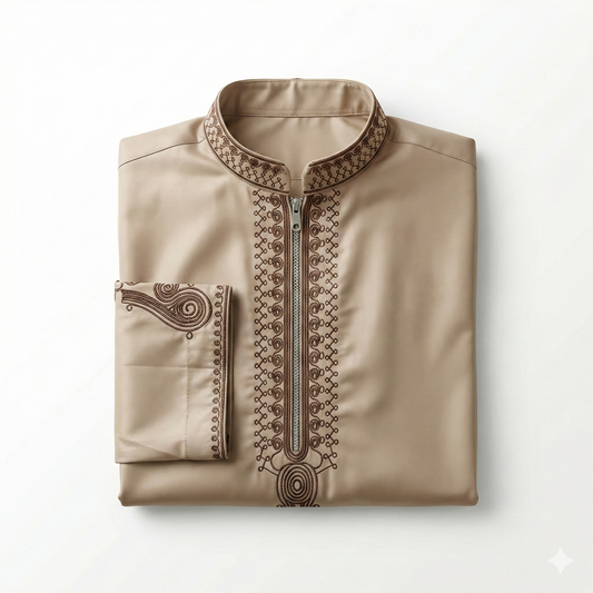 Ensemble Qamis Zippé Brodé – Beige Sable