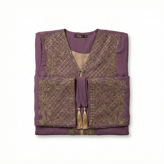 Abaya Brodée Prune Royale – Détails Dorés & Pampilles