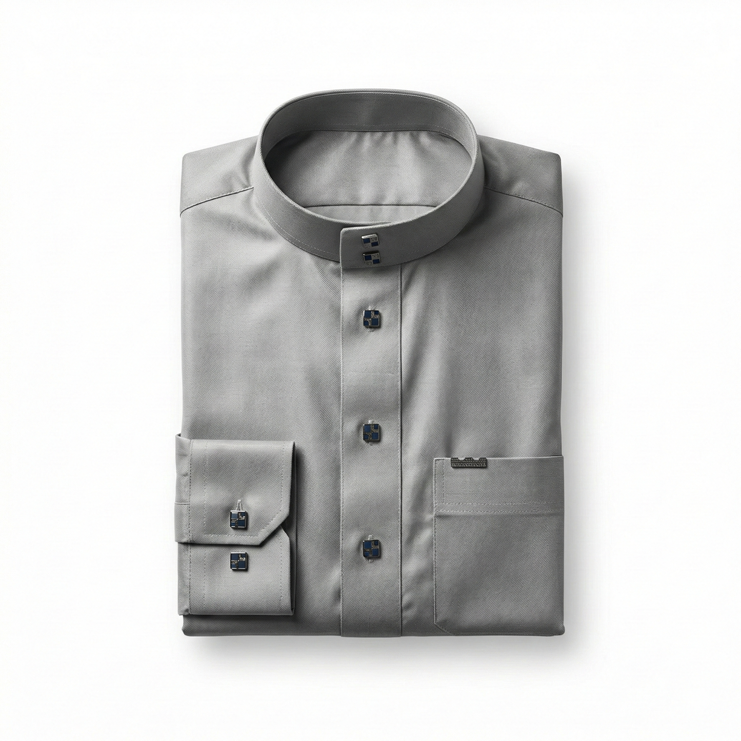 Qamis Signature Gris Acier – Boutons Bleu Nuit