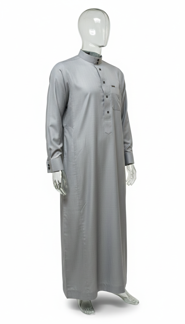 Qamis Signature Gris Acier – Boutons Bleu Nuit