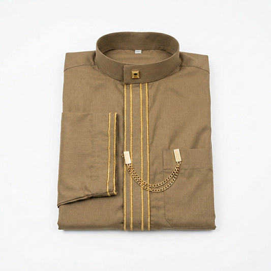 Qamis Prestige Kaki – Détails Dorés & Chaîne