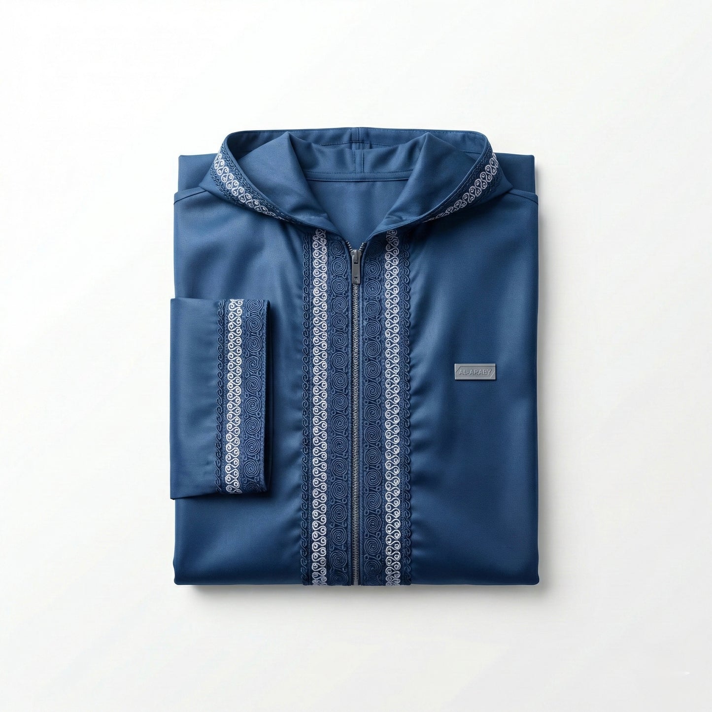 Djellaba Zippée à Capuche – Bleu Nuit Brodé