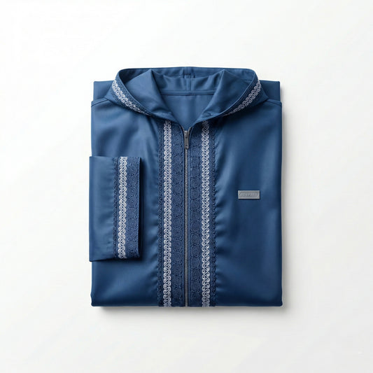 Djellaba Zippée à Capuche – Bleu Nuit Brodé