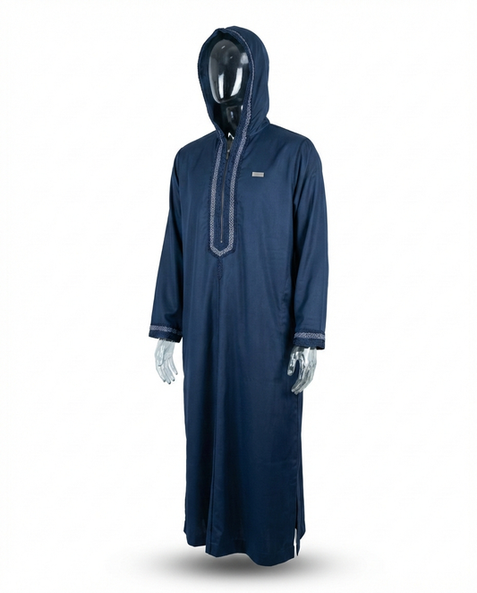 Djellaba Zippée à Capuche – Bleu Nuit Brodé