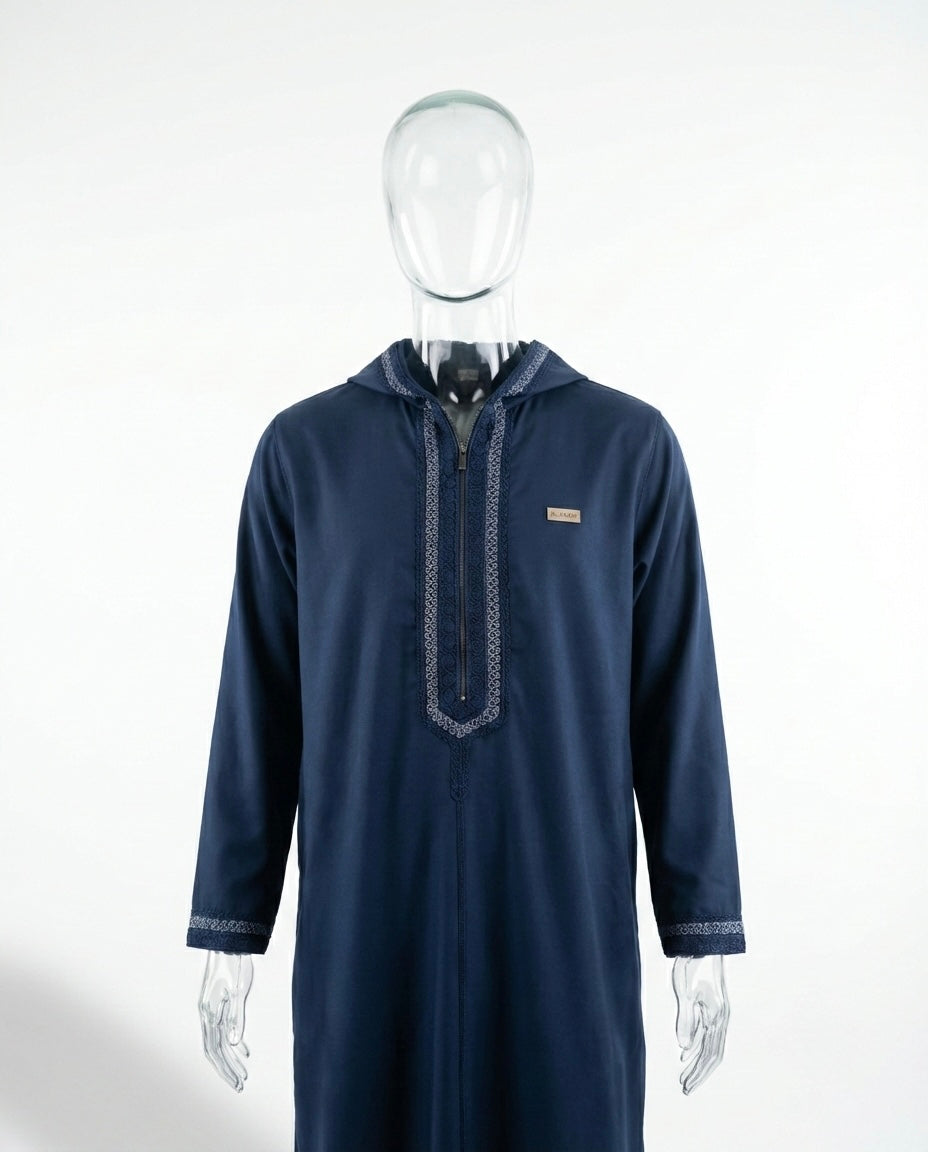 Djellaba Zippée à Capuche – Bleu Nuit Brodé