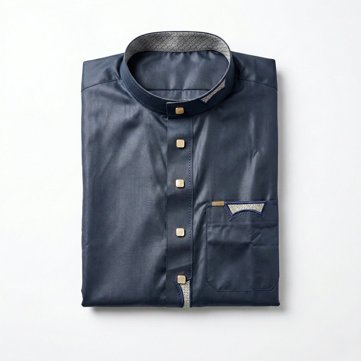 Qamis Signature Bleu Nuit – Détails Gris & Boutons Dorés