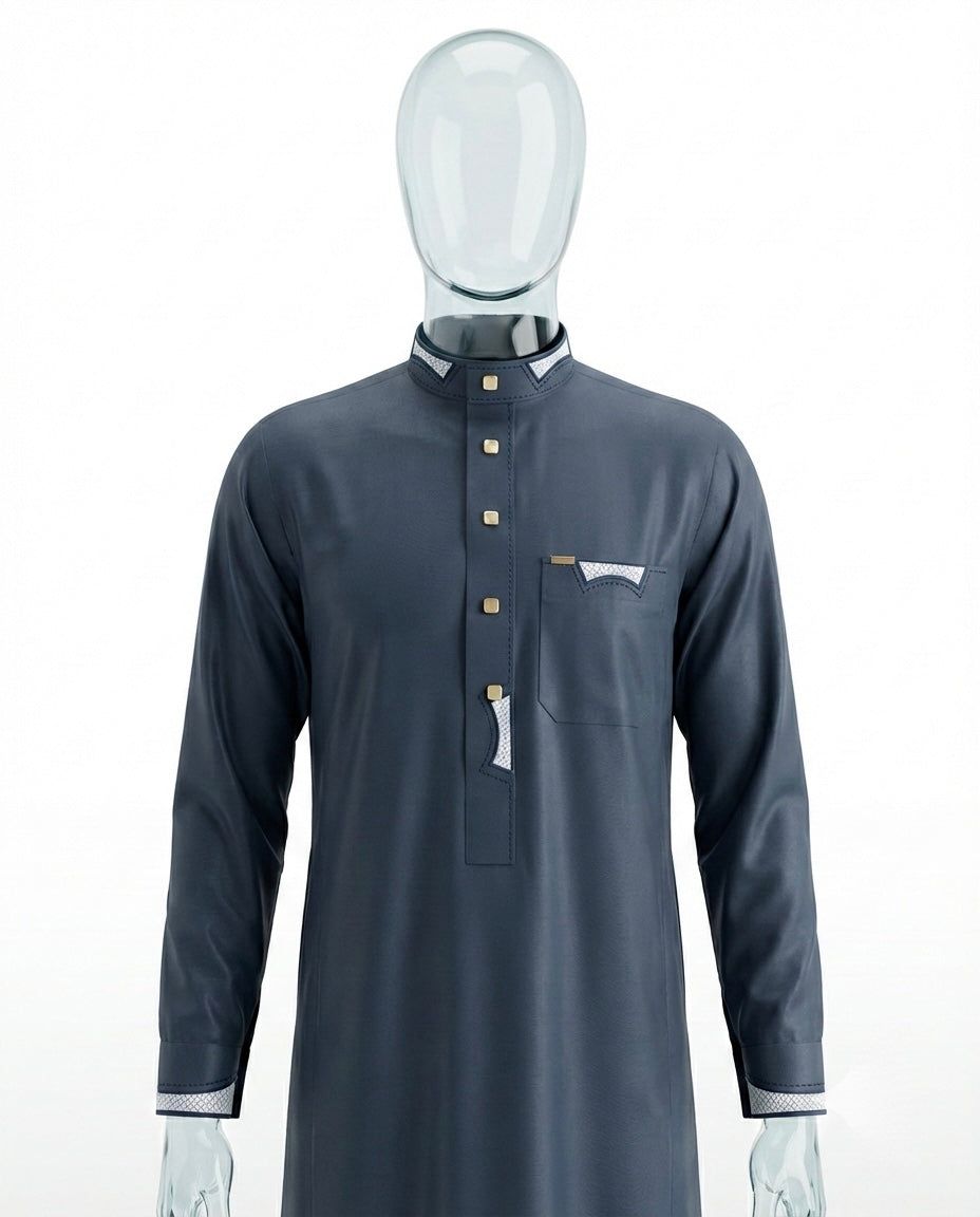 Qamis Signature Bleu Nuit – Détails Gris & Boutons Dorés