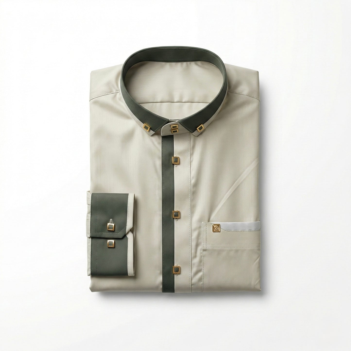 Qamis Signature Beige Sable – Détails Vert Olive & Boutons Dorés