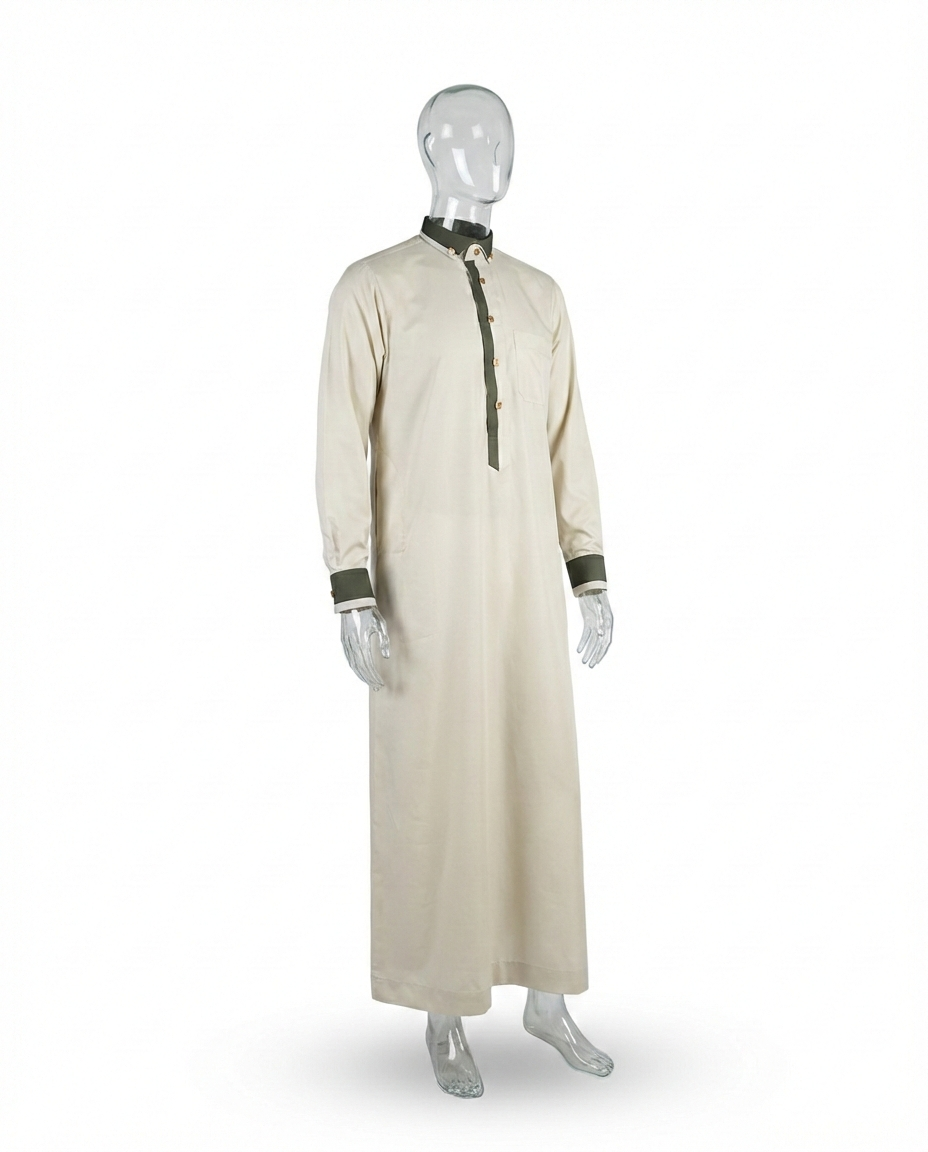 Qamis Signature Beige Sable – Détails Vert Olive & Boutons Dorés