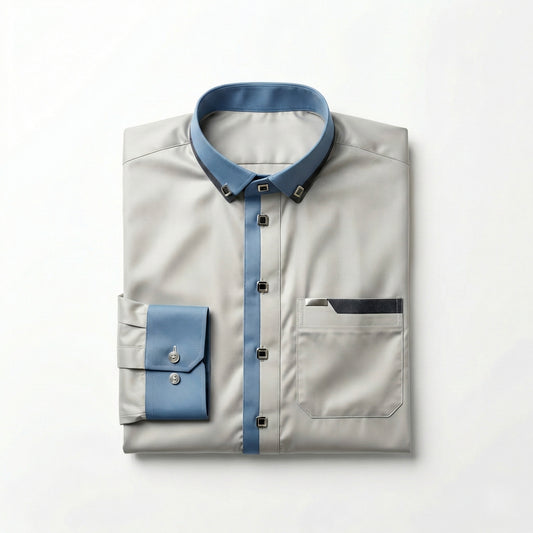 Qamis Signature Gris Clair – Détails Bleu Ciel & Boutons Noir Chrome