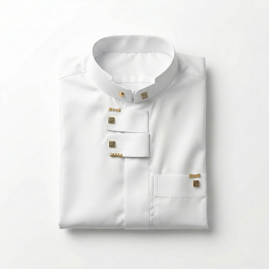 Qamis Prestige Blanc – Fermeture Croisée & Détails Dorés