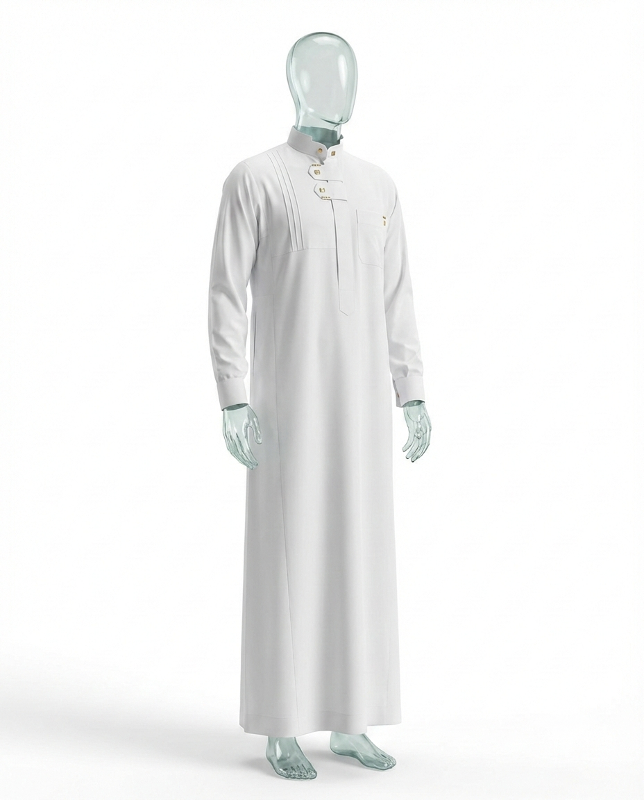 Qamis Prestige Blanc – Fermeture Croisée & Détails Dorés