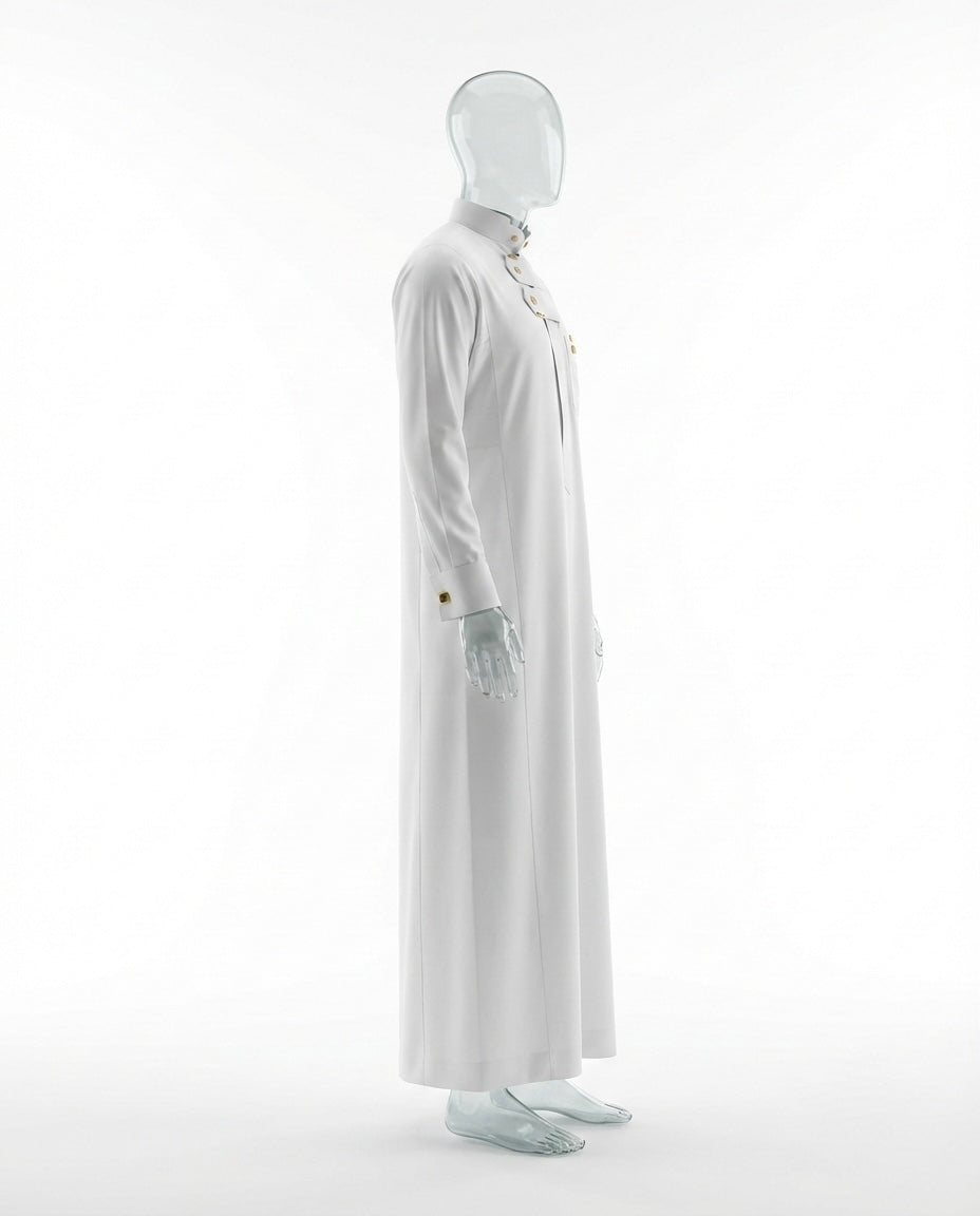 Qamis Prestige Blanc – Fermeture Croisée & Détails Dorés