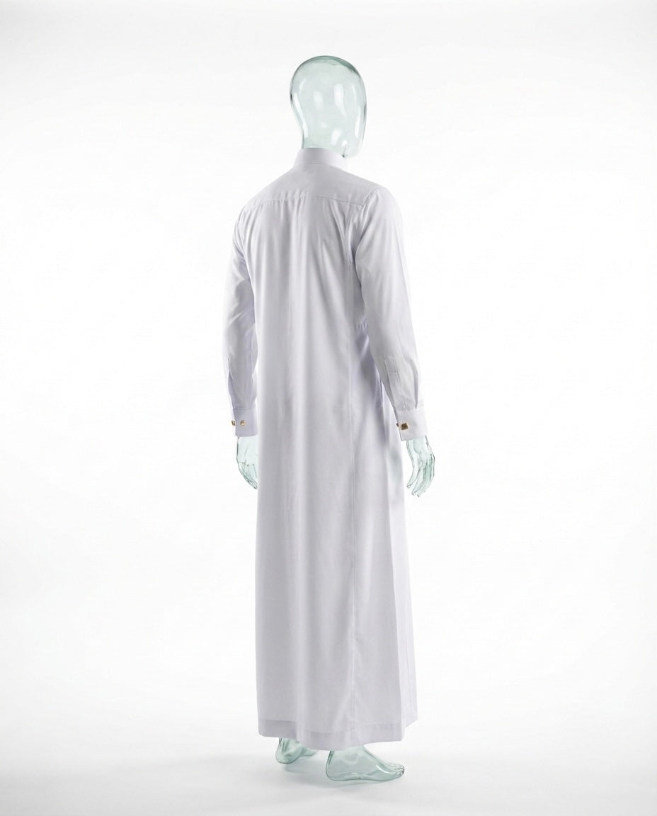 Qamis Prestige Blanc – Fermeture Croisée & Détails Dorés
