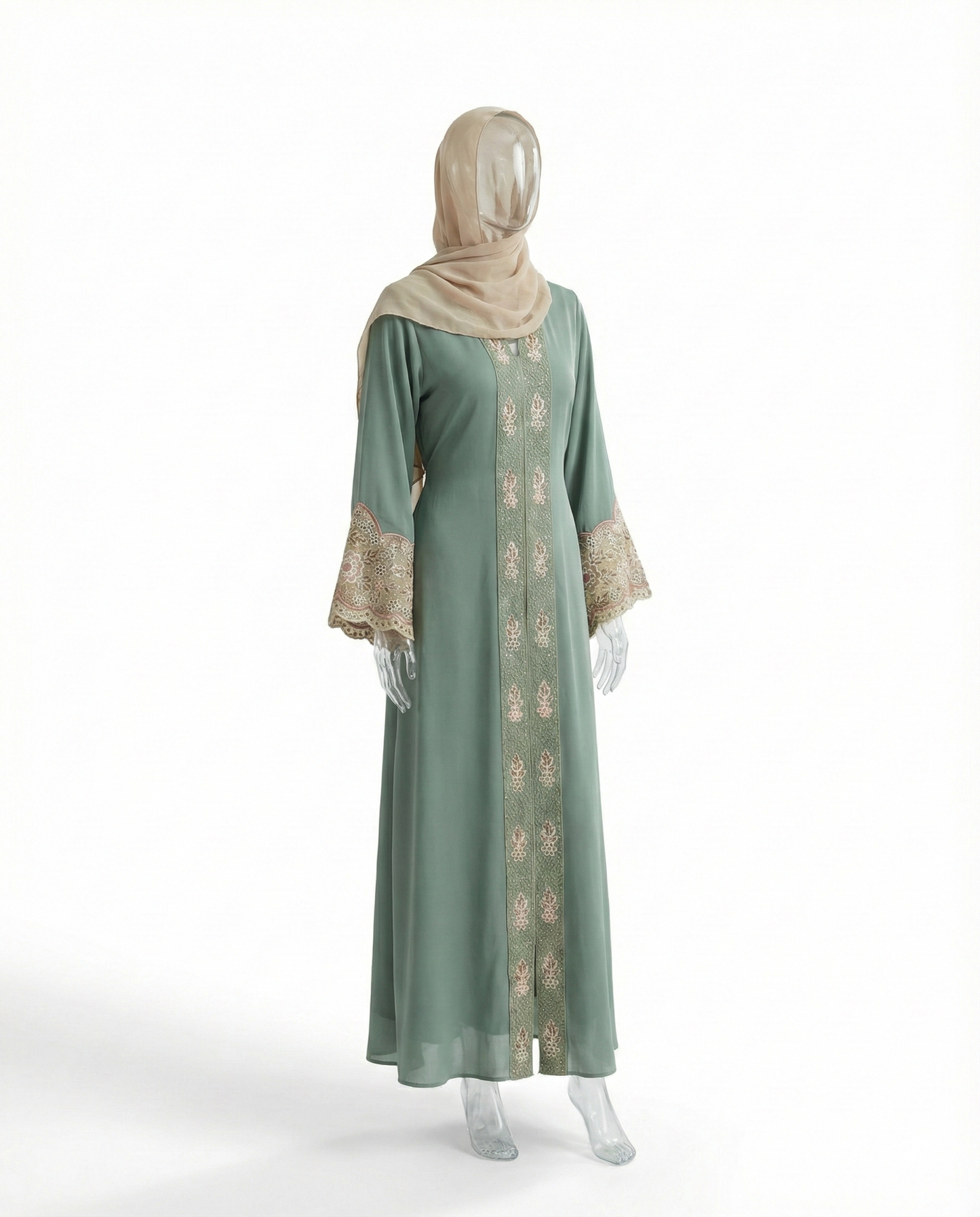 Ensemble Abaya Brodée – Vert Sauge & Beige Sable