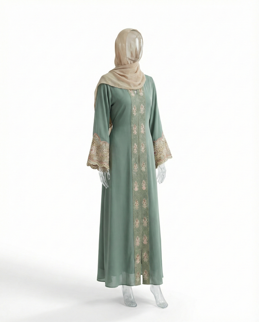 Ensemble Abaya Brodée – Vert Sauge & Beige Sable