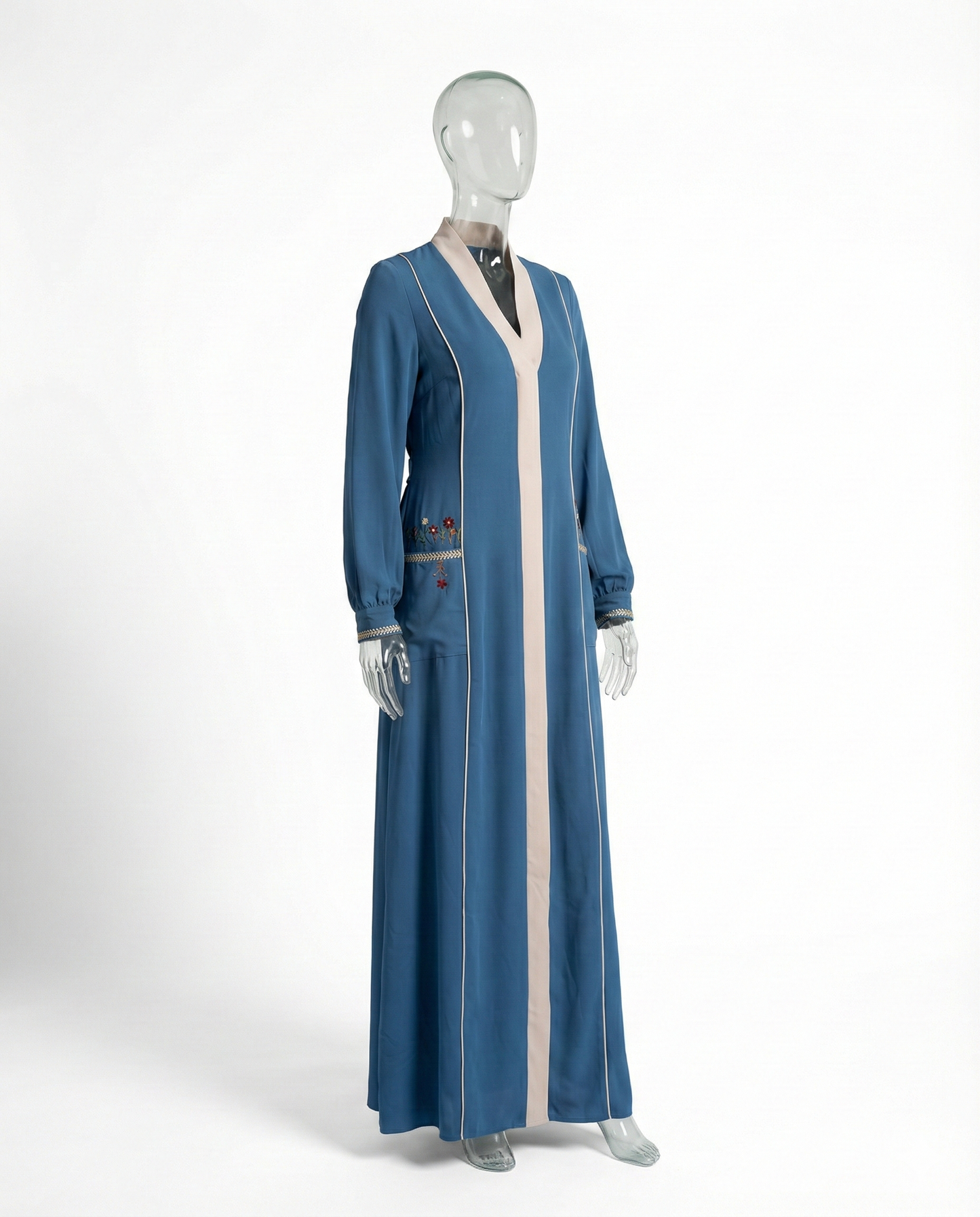Abaya Brodée – Bleu Pétrole & Ivoire