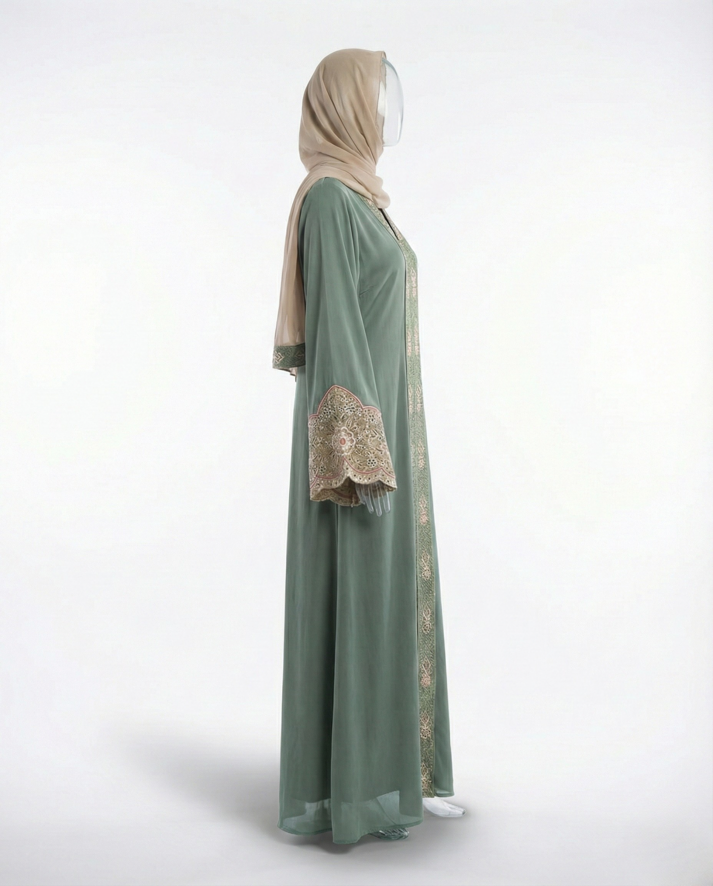 Ensemble Abaya Brodée – Vert Sauge & Beige Sable