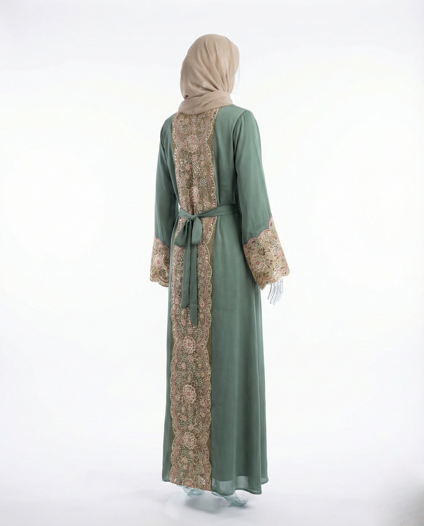 Ensemble Abaya Brodée – Vert Sauge & Beige Sable