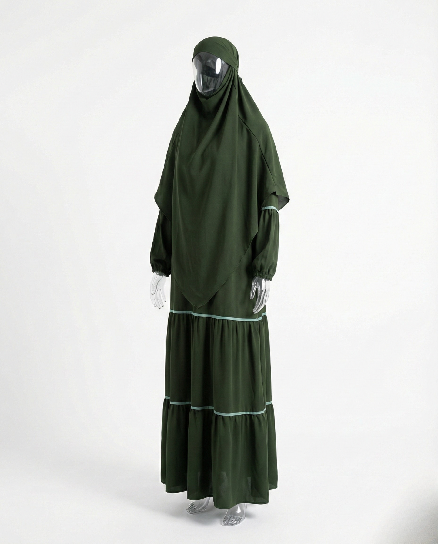 Abaya Premium Liseré Céleste – Vert Olive