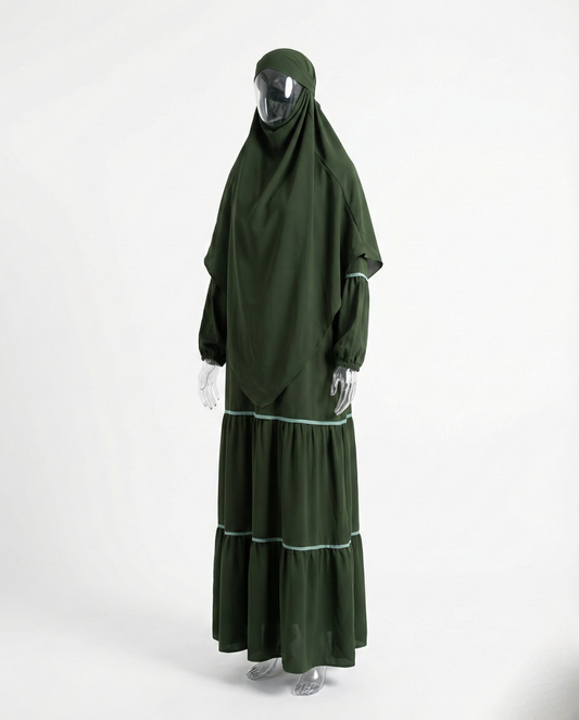 Abaya Premium Liseré Céleste – Vert Olive