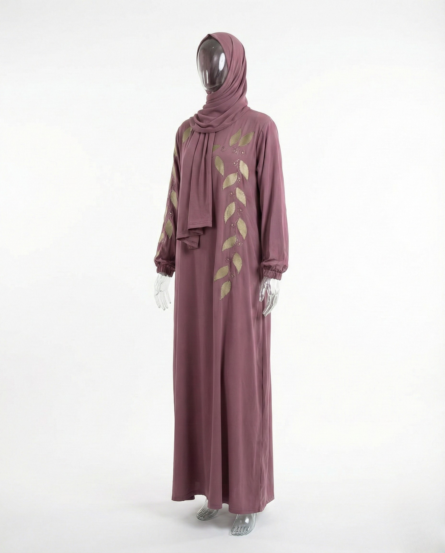 Abaya Broderie Feuilles – Mauve Prune & Doré