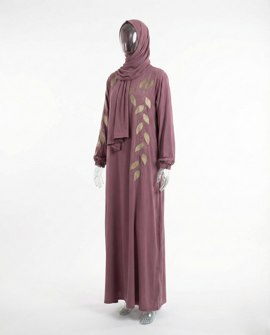Abaya Broderie Feuilles – Mauve Prune & Doré