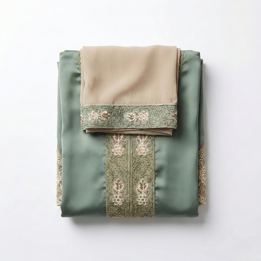 Ensemble Abaya Brodée – Vert Sauge & Beige Sable