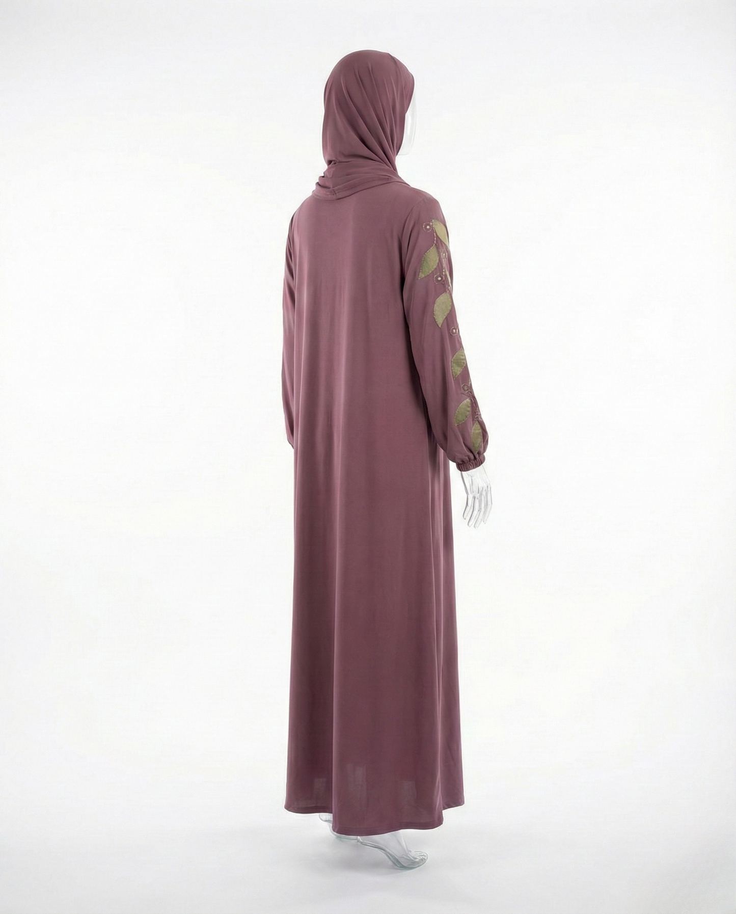 Abaya Broderie Feuilles – Mauve Prune & Doré
