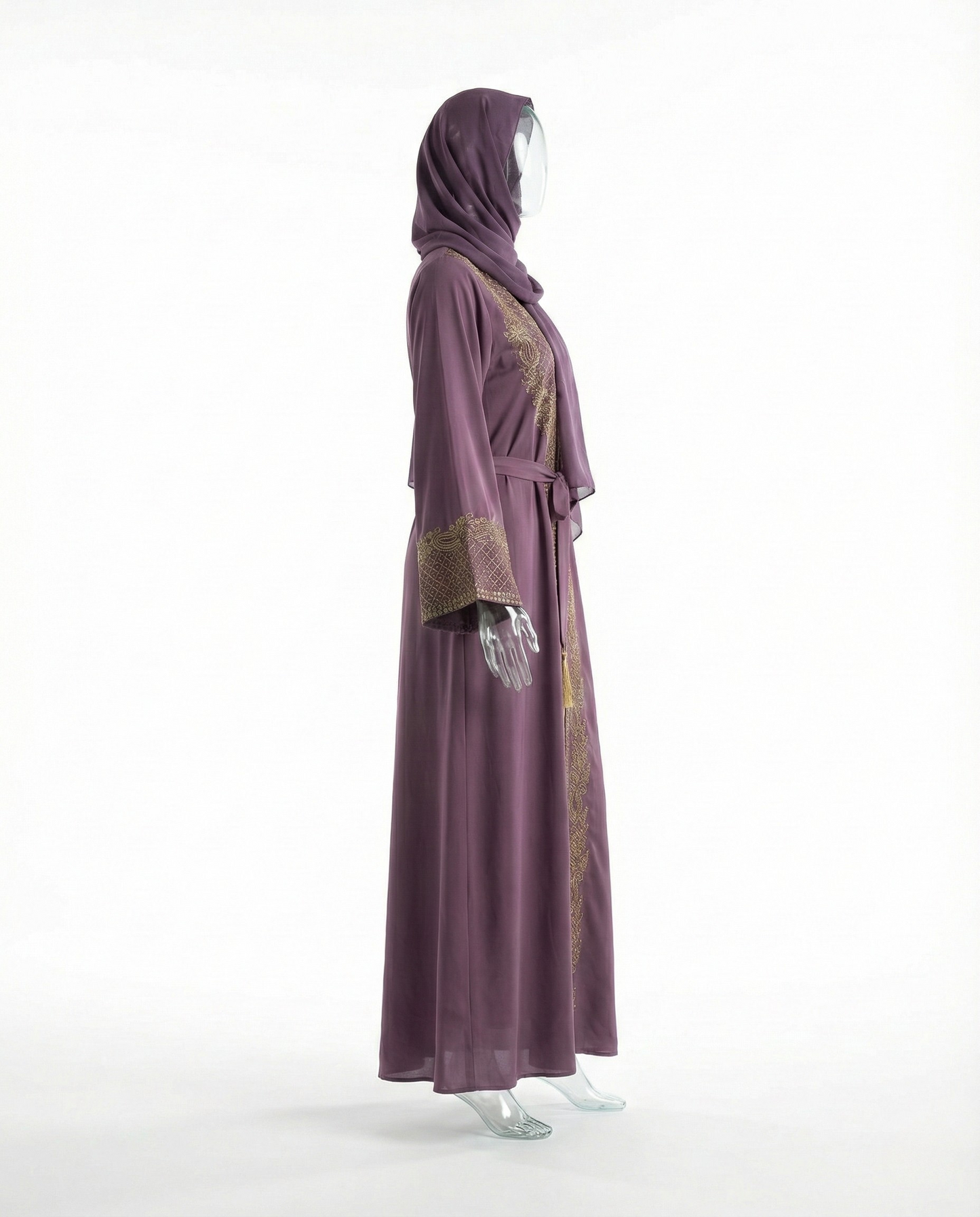 Abaya Brodée Prune Royale – Détails Dorés & Pampilles