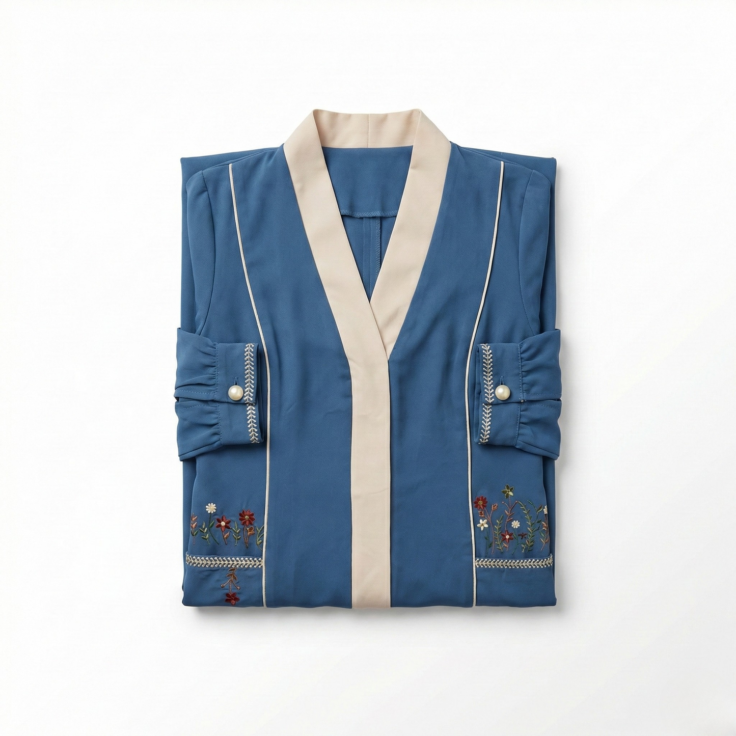 Abaya Brodée – Bleu Pétrole & Ivoire